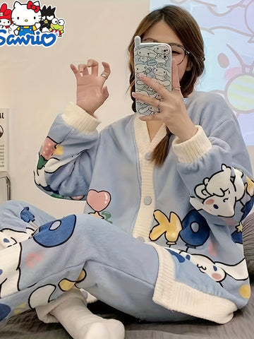 2pcs Sanrio Genuine Authorization, Cartoon Pattern Long-sleeved Pajama Set, Thick, Warm Loungewear, Sweet, Cute, Pajamas, Can Be Worn Outside, Loungewear Two-piece Set