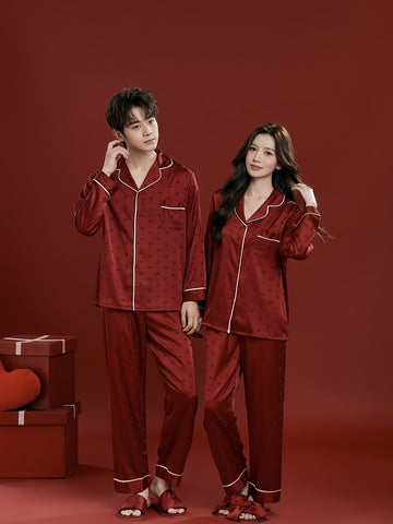 Christmas Love Heart Men's Pajamas Couple Set, Autumn-Winter Wedding Style Long Sleeve and Pants Set