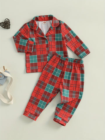 Cozy Cotton Blend Youngsters' Plaid Pajama Set with Button-Up Lapel Top & Long Pants - Cute Christmas Loungewear for Youngsters and Youngsters, Machine Washable