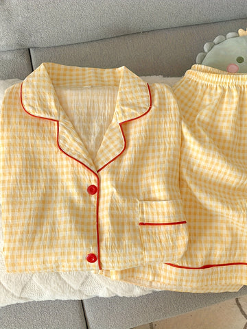 Ladies' Casual Home Wear Two-piece Set with Checkered Print Summer Pajamas Set, Short Sleeved Button Up Cardigan, Lapel Shirt, Shorts, s' Casual Home Wear