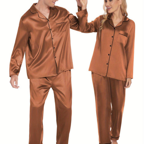 Couples Matching Pajamas Silky Long Sleeve Sleepwear Satin Soft Button Down Loungewear Pjs Set S-XXL   Pajama Set  2 Piece Lounge Set Tops and long Soft Sleepwear Chest Pocket   matching pajama pants set for couples gift for Valentine's Day