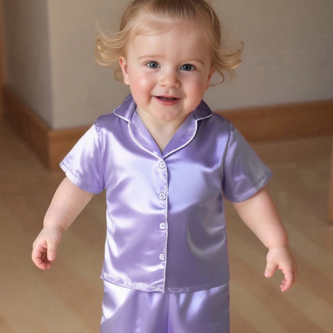 Youngsters Youngsters Youngsters Girl Summer Pajamas Set Silky Solid Color Short Sleeve Lapel V Neck Button Shirt Top Ribbon Elastic Waist Ruffle Shorts 2pcs Lounge Outfit