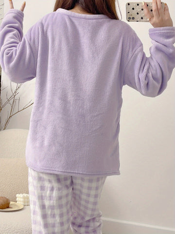 Sanrio Women'S Cozy Fleece Pajama Set - Cute Cartoon Dog & for Hello Kitty Pattern, Plaid Pants, Long Sleeve Top, All-Season Wear, Soft & Warm, Perfect for Teens, Cozy Loungewear | Cartoon Print Top | Soft Fabric Pajamas, Cute Pajamas