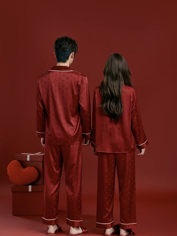 Christmas Love Heart Men's Pajamas Couple Set, Autumn-Winter Wedding Style Long Sleeve and Pants Set