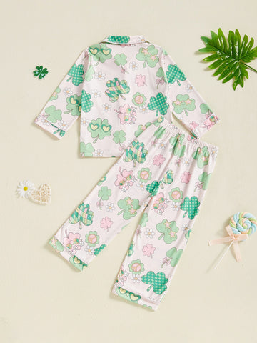 Kids Toddler Spring Pajama Sets Shamrock Pattern Button V Neck Long Sleeve Tops and Pants Lounge Wear 2pcs Set