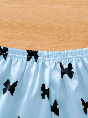 Cute Bow Print Sleepwear For Spring And Autumn, Comfortable Cardigan With Collar, Long Sleeved Top, Long Pants, Sizes 130-160, Medium To Large Children'S And Girls' Set, Home Wear