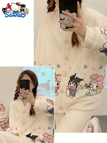 2pcs Sanrio Genuine Authorization, Cartoon Pattern Long-sleeved Pajama Set, Thick, Warm Loungewear, Sweet, Cute, Pajamas, Can Be Worn Outside, Loungewear Two-piece Set