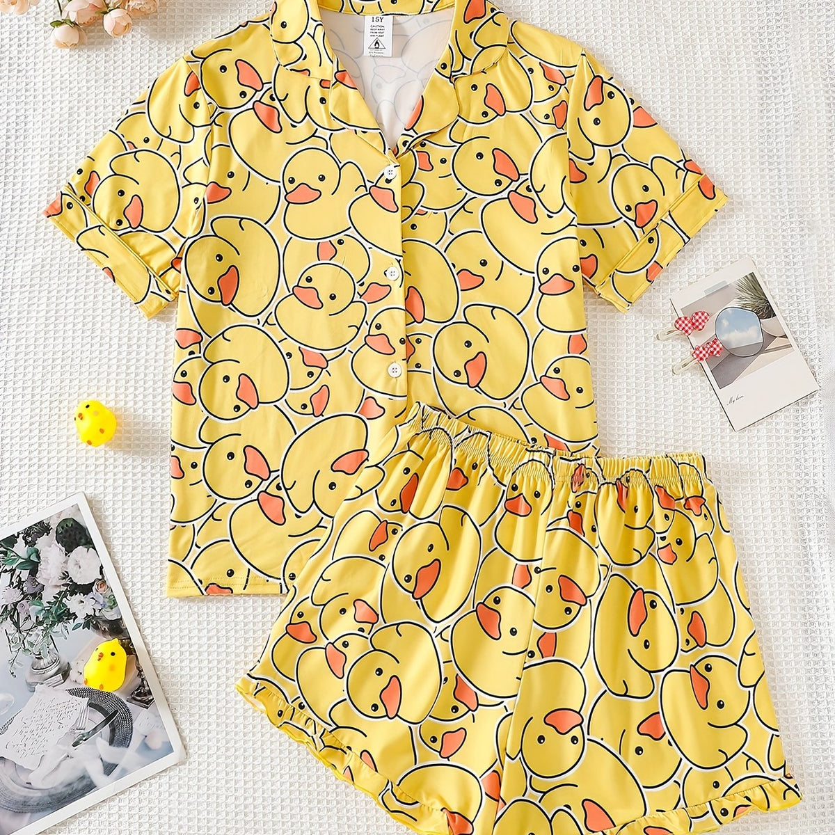 Summer Youth Girls' Pajamas Short Sleeve Cardigan Yellow Bottom Cartoon Yellow Duck Print Boys And Girls Can Wear Outerwear 2pcs Home Clothing Set
