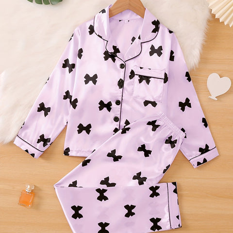Cute Bow Print Sleepwear For Spring And Autumn, Comfortable Cardigan With Collar, Long Sleeved Top, Long Pants, Sizes 130-160, Medium To Large Children'S And Girls' Set, Home Wear