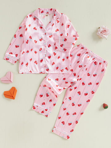 Little Girl Valentines Day Pajama Set Heart Print Long Sleeve Button-up Tops Long Pants 2pcs Sleepwear Outfit