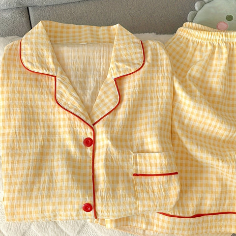 Ladies' Casual Home Wear Two-piece Set with Checkered Print Summer Pajamas Set, Short Sleeved Button Up Cardigan, Lapel Shirt, Shorts, s' Casual Home Wear