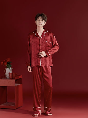 Christmas Love Heart Men's Pajamas Couple Set, Autumn-Winter Wedding Style Long Sleeve and Pants Set