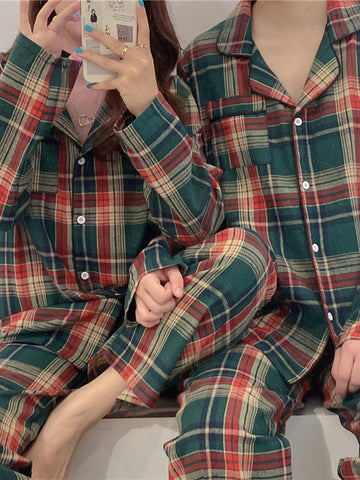 Christmas Couple's Long Sleeve Vintage Plaid Print Pajama Set Open Front Button-Up Top and Pants
