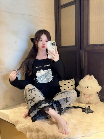 2pcs Sanrio Genuine Authorization, for Hello Kitty Cartoon Loungewear Set, Spring And Autumn Long-sleeved Loose Set, for Hello Kitty Sweet, Bow Lace Pajama Set, The Best Gift For Friends And Girlfriends