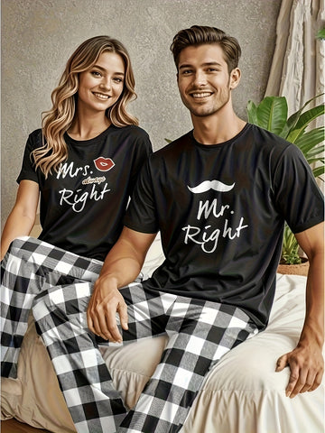 2pcs Couple Matching Pajama T-Shirts - 'Mr. Right' Lip & Beard Print, Comfy Cotton Knit Fabric, Casual Crewneck Style, Perfect for Valentine's Day Gifts or Anniversary Celebrations, Romantic Gift Idea | Cartoon Style Prints | Comfortable Fit, Pajama Sets