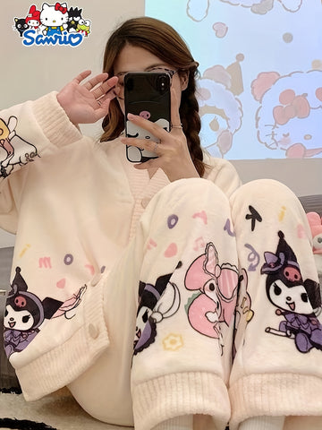 2pcs Sanrio Genuine Authorization, Cartoon Pattern Long-sleeved Pajama Set, Thick, Warm Loungewear, Sweet, Cute, Pajamas, Can Be Worn Outside, Loungewear Two-piece Set