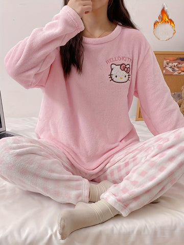 Sanrio Women'S Cozy Fleece Pajama Set - Cute Cartoon Dog & for Hello Kitty Pattern, Plaid Pants, Long Sleeve Top, All-Season Wear, Soft & Warm, Perfect for Teens, Cozy Loungewear | Cartoon Print Top | Soft Fabric Pajamas, Cute Pajamas