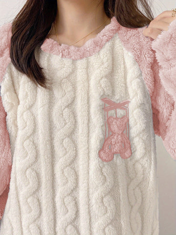 Youth Winter Warm Fleece Pajamas Set, Cute Bear Pattern Casual Home Wear Set, For Teenager