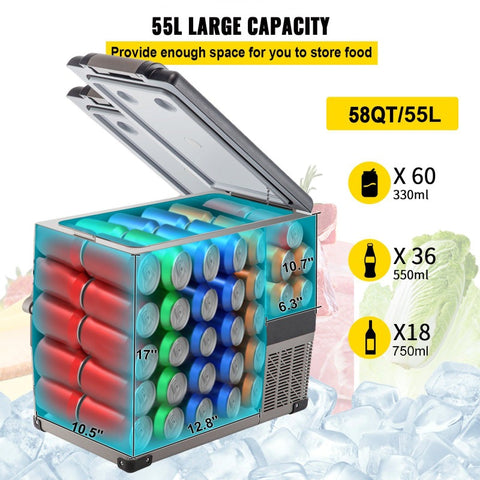 VEVOR 58 Quart 12\u002F24V DC & 110V AC Dual Zone Portable Refrigerator Freezer, 12V Car Fridge with Smart Cooling System, Low Noise & Fast Cooling, Control for RV, Camping, Home, Boat, Off-Grid Use (Compatible with 2A\u002F1.44A