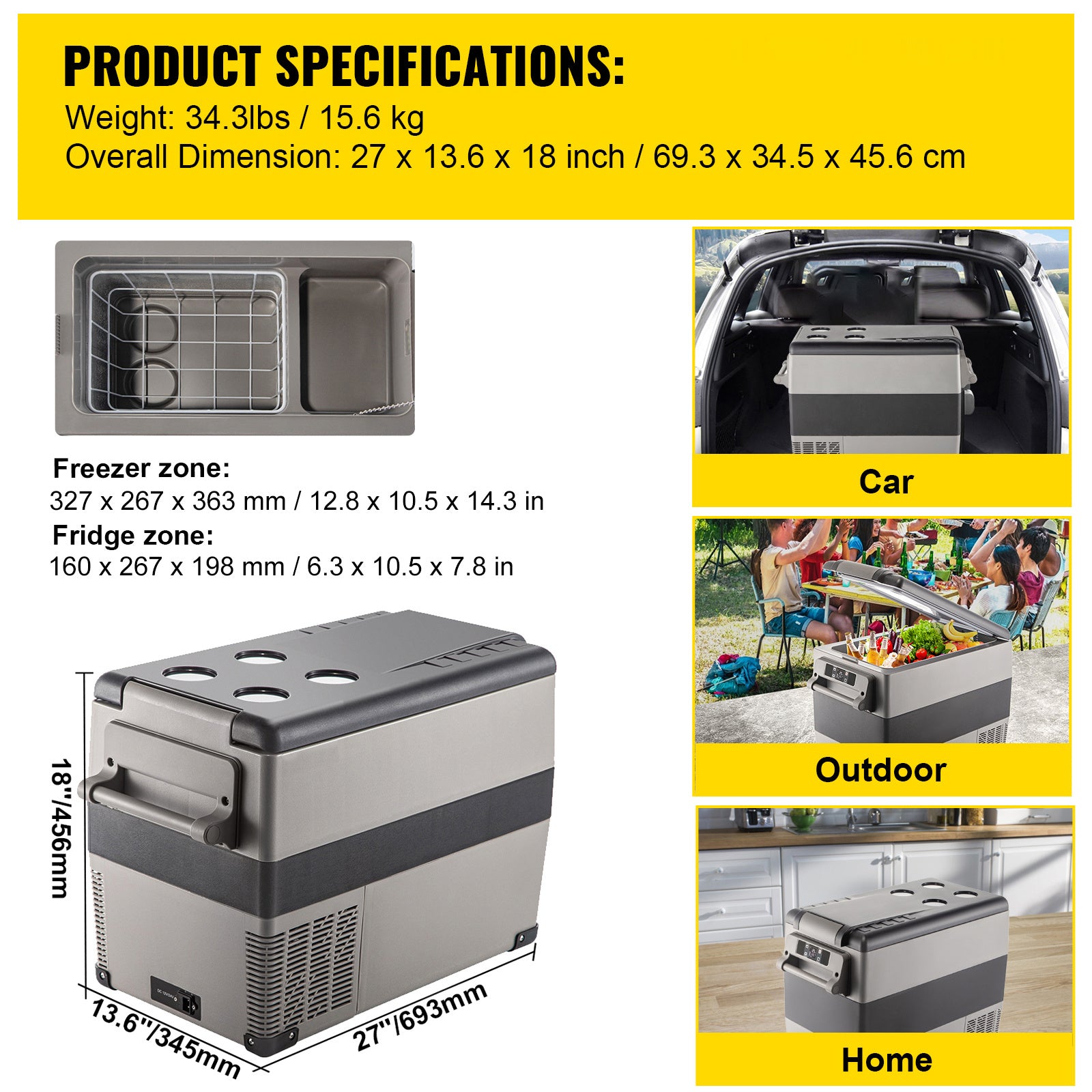 HAPPYBUY 11.89gal Compact Car Refrigerator - 110V 5.55-26.42gal, Square Design with Multiple Compartments, USB Charging Port & Power Window, Durable for Vehicle Storage, Car Refrigerator, Vehicle Cooling Solution, Modern Car Accessory, Efficient Cooling S