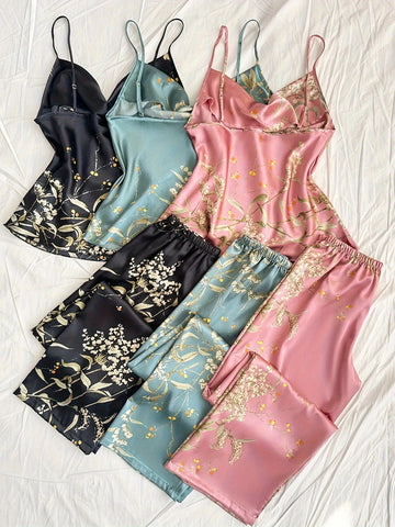 6pcs Youth Style Four Seasons Fashion Casual Comfortable Printed Stacked Collar Strap Long Pants Pajamas Set, All-Season, Regular Fit, with Applique Details, for Teen, Allseason Pajamas|Casual Style Pajamas|Stretchy Fabric, For Teenager