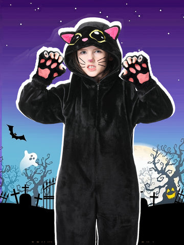 Girls Black Cat Onesie Pajamas Costume, Soft Plush Warm Sleepwear With Gloves And Cat Stickers, Perfect For Halloween, Cosplay, Dress Up, Role Play, Costume Parties, Themed Events, Winter Loungewear Outfit