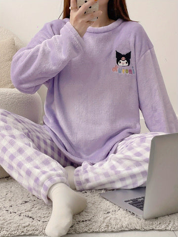 Sanrio Women'S Cozy Fleece Pajama Set - Cute Cartoon Dog & for Hello Kitty Pattern, Plaid Pants, Long Sleeve Top, All-Season Wear, Soft & Warm, Perfect for Teens, Cozy Loungewear | Cartoon Print Top | Soft Fabric Pajamas, Cute Pajamas