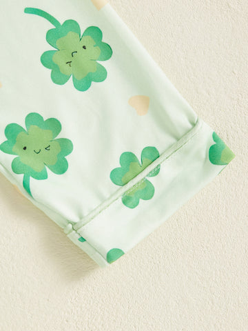 Kids Toddler Spring Pajama Sets Shamrock Pattern Button V Neck Long Sleeve Tops and Pants Lounge Wear 2pcs Set