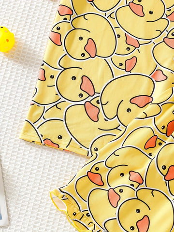 Summer Youth Girls' Pajamas Short Sleeve Cardigan Yellow Bottom Cartoon Yellow Duck Print Boys And Girls Can Wear Outerwear 2pcs Home Clothing Set