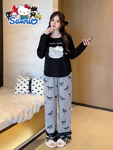 2pcs Sanrio Genuine Authorization, for Hello Kitty Cartoon Loungewear Set, Spring And Autumn Long-sleeved Loose Set, for Hello Kitty Sweet, Bow Lace Pajama Set, The Best Gift For Friends And Girlfriends