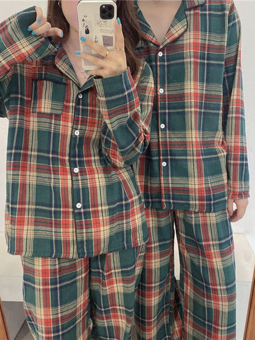 Christmas Couple's Long Sleeve Vintage Plaid Print Pajama Set Open Front Button-Up Top and Pants