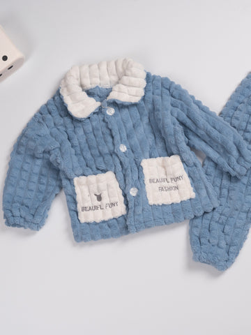 Boys' 2pcs Fall\u002FWinter Pajama Set, Casual Lapel Collar Knit Polyester Sleepwear with Alphabet Pattern, Thick Fleece-Lined with Pockets and Buttons, Regular Fit