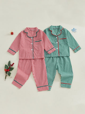 Girl 2pcs Christmas Pajamas Long Sleeve Plaid Print Shirt + Pants Set Sleepwear