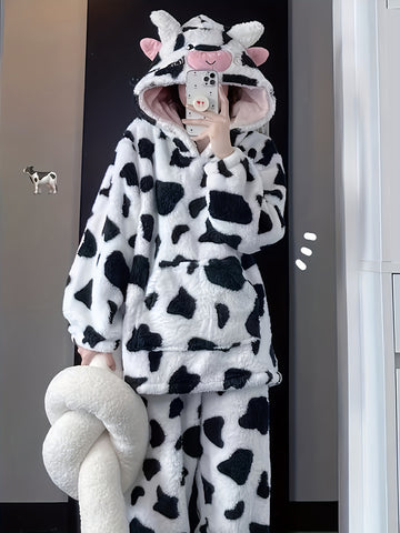 ' Cute Cow Hooded Flannel Pajamas, New Winter Plush Fleece-Lined Thickened Homewear Set