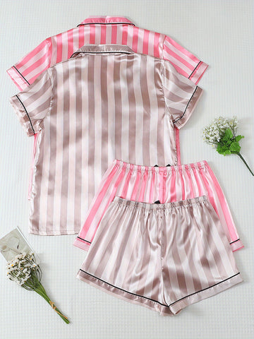 Two Sets of Youth Solid Color Striped Shorts and Short Sleeve Pajama Set, for Teenager