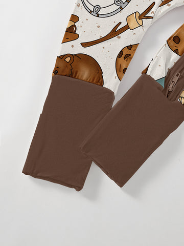 2pcs Bamboo Fiber baby onesies with dinosaur & big brown bear prints, double-sided zippers and matching pants - casual, all-season, machine washable - cute baby designs for babies, Bamboo Fiber baby clothes, great for the outdoors