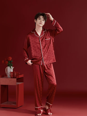 Christmas Love Heart Men's Pajamas Couple Set, Autumn-Winter Wedding Style Long Sleeve and Pants Set