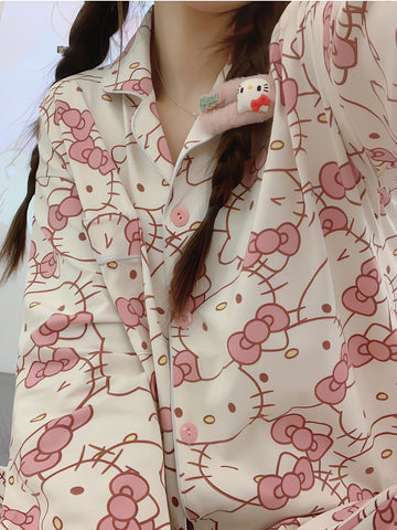 2pcs Sanrio Genuine Authorization, Hello Kitty Cartoon Pajama Set, Spring And Autumn Long-sleeved Set, Long-sleeved Sweet Cartoon Loungewear, Thin Pajama Set, A Must-have Choice for Valentine's Day Gifts for Girlfriends And Family