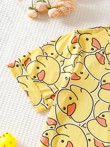 Summer Youth Girls' Pajamas Short Sleeve Cardigan Yellow Bottom Cartoon Yellow Duck Print Boys And Girls Can Wear Outerwear 2pcs Home Clothing Set