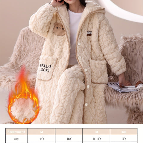 Girls' Flannel Hooded Sleepwear Set, Thickened Fleece-Lined Cartoon Long Sleeves and Pants for Autumn\u002FWinter Warm Home Outfit