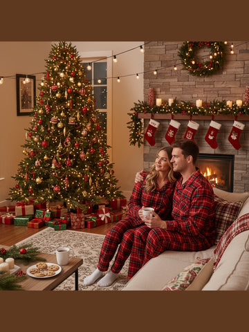 2pcs Men'S Red & Black Plaid Pajama Set - Long Sleeve Button-Up Shirt-Style Sleepwear with Chest Pocket, Cozy All-Season Matching Couples & Family Christmas & Valentine'S Day Gift, Classic Collar & Durable Fabric (Ideal for Holiday Photos & Casual L