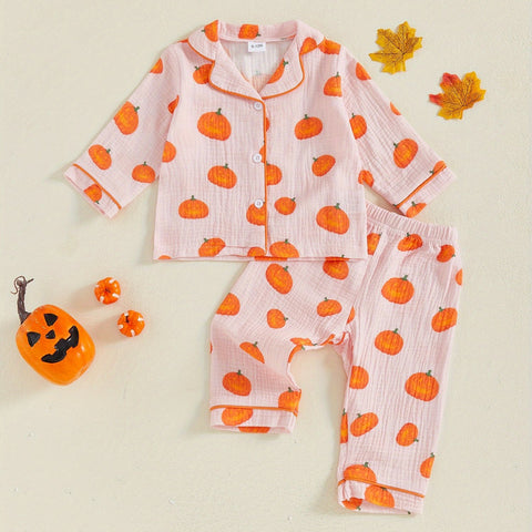2pcs Girls Halloween Pajamas Set Long Sleeve Pumpkin Print Button Shirts and Pants Set Sleepwear