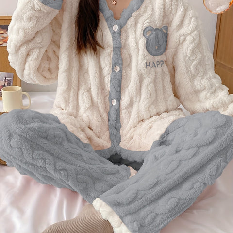 Teen'S Cozy Winter Plush Pajama Set with Bear Letter Print - Soft Pink & White Flannel Sleepwear, Long Sleeve Pajamas with Button Front, Perfect for Casual Home Wear, Bear Pajamas, Winter Sleepwear, Plush Flannel Fabric