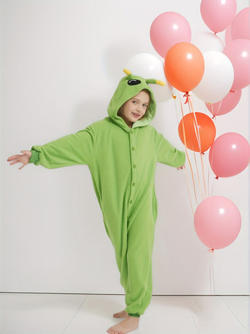 Youngsters' Green Alien Halloween Onesie Pajamas - Hooded Sleeve Sleepwear with Pockets, Soft Machine-Washable Loose Fit for Fall Winter Parties & Cosplay, Halloween Shirt, Youngsters Party Wear, Playful Design, Pocketed Onesie