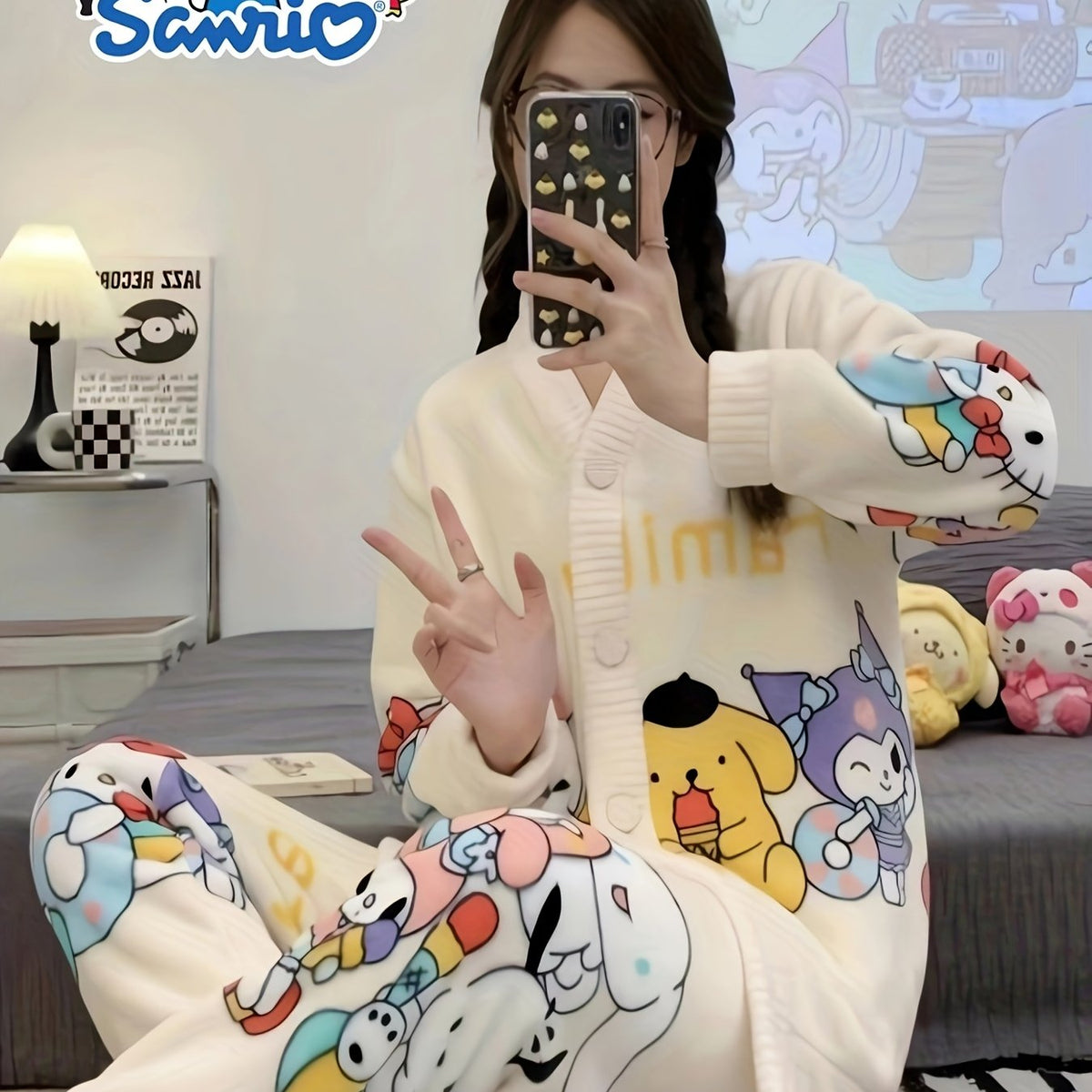 2pcs Sanrio Genuine Authorization, for Hello Kitty Family Cartoon Pattern Long-sleeved Thickened Upgraded Pajama Set, Thick Warm Loungewear, Sweet And Cute Pajamas, Cardigan Loungewear Can Be Worn Outside, The Best Choice For Family And Friends