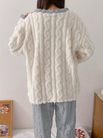 Teen'S Cozy Winter Plush Pajama Set with Bear Letter Print - Soft Pink & White Flannel Sleepwear, Long Sleeve Pajamas with Button Front, Perfect for Casual Home Wear, Bear Pajamas, Winter Sleepwear, Plush Flannel Fabric