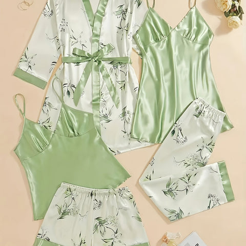 5pcs Satin Pajama Set, Including Outerwear, Long Camisole, Short Camisole, Pants, Shorts, Women's Sleepwear&home Wear, Camisole Sleepwear Simple, Fashionable, Comfortable And Loose Pajama Set