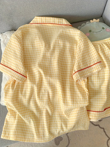 Ladies' Casual Home Wear Two-piece Set with Checkered Print Summer Pajamas Set, Short Sleeved Button Up Cardigan, Lapel Shirt, Shorts, s' Casual Home Wear