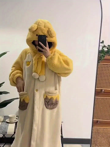 Disney, Winnie The Pooh Pajamas Set, Comfortable To Wear, New Autumn And Winter Cartoon Women'S Coral Fleece, Thickened, Cute Puff Sleeve Nightgown, Pajamas Set, Nightgown, Home Clothes, Unisex Nightgown, Warm Winter Nightgown.