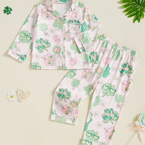 Kids Toddler Spring Pajama Sets Shamrock Pattern Button V Neck Long Sleeve Tops and Pants Lounge Wear 2pcs Set